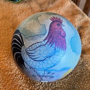 Hand-Painted Rooster Decorative Sphere - Blue and Pink